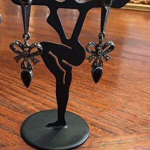 Vintage Sterling Silver Marcasite + Onyx Signed Earrings